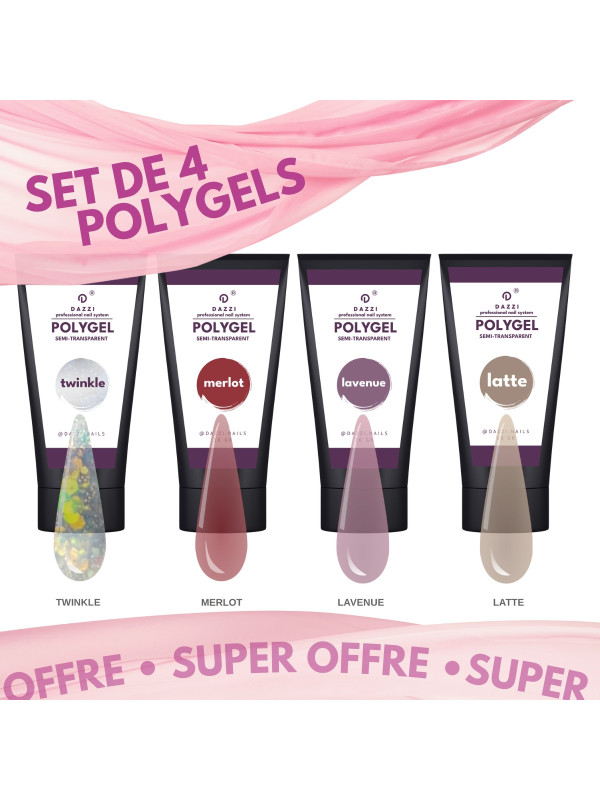 4er-SET Art Polygel halbtransparent, Merlot, Lavenue, Latte, Twinkle, 30 gr