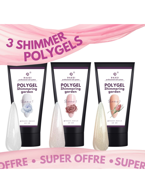 Pack Baby Boomer 3 en polygel shimmer "Shimmering Garden", comprenant les teintes blanc, nude et pêche, 60 g.